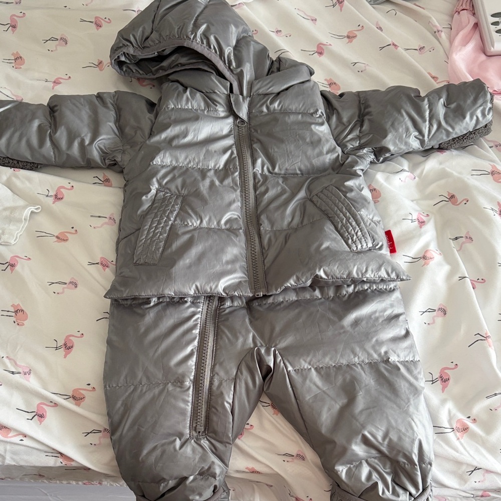 One Kid Gray Hooded Road Coat Puffer Snowsuit - 3-6 months